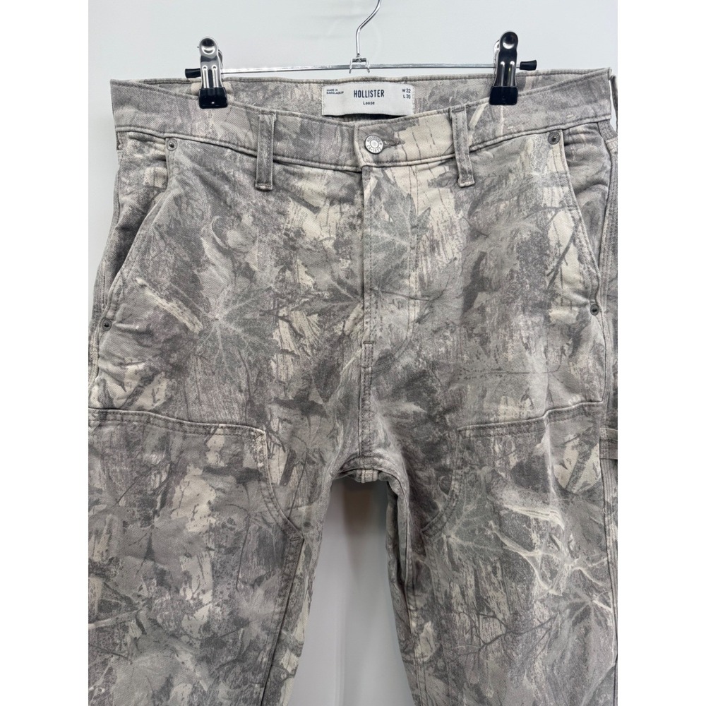 Hollister Mens Loose Fit Carpenter Pants Grey Leaf Camo Utility Trousers 32x30 - Picture 2 of 8